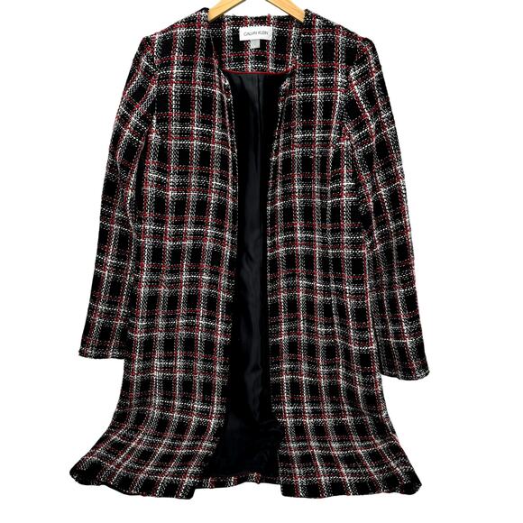 Calvin Klein Jacket Womens 10 Open Tweed Long Duster Black Red Plaid + Pockets - Picture 1 of 8